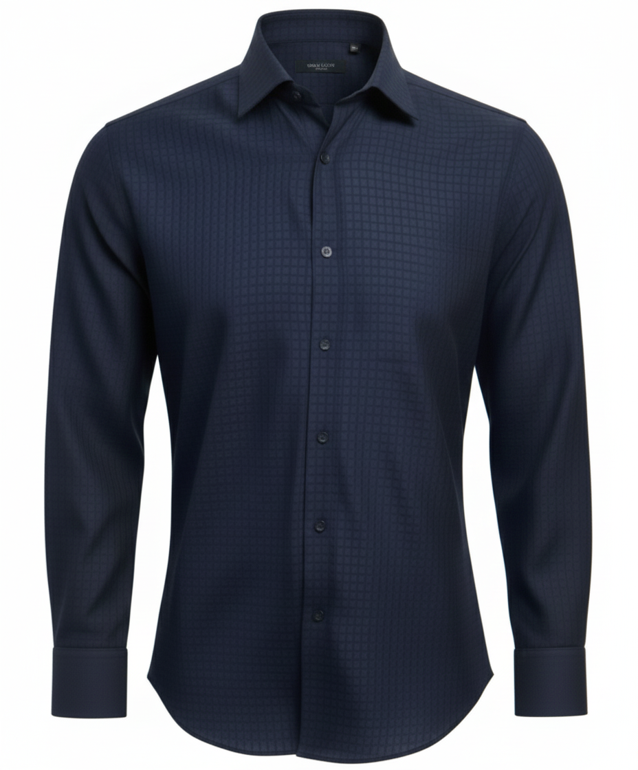 Navy Tech-Stretch Grid Formal Shirt