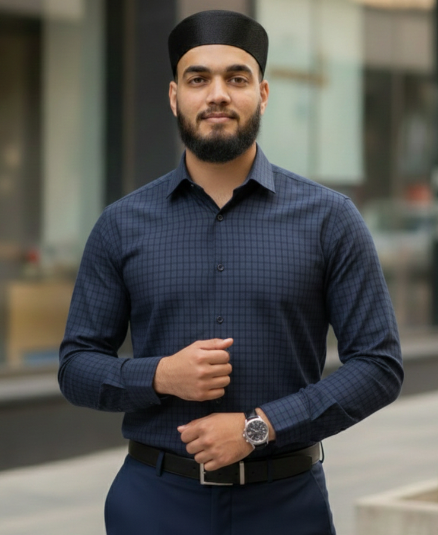 Navy Tech-Stretch Grid Formal Shirt